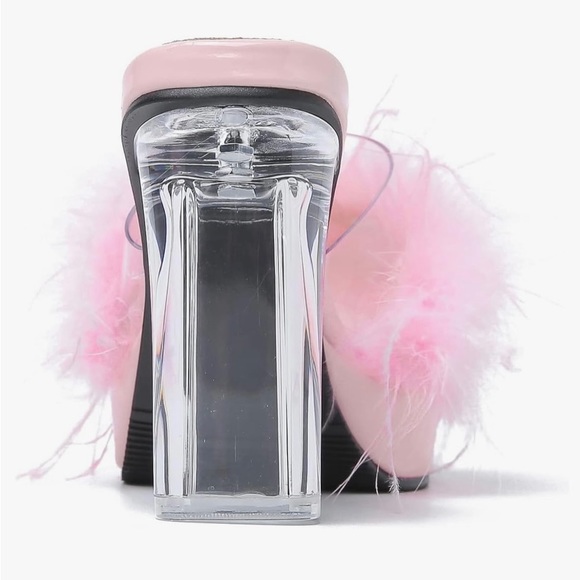 Amazon square toe platform chunky heel mule sandals with pink feather detail - Picture 6 of 7